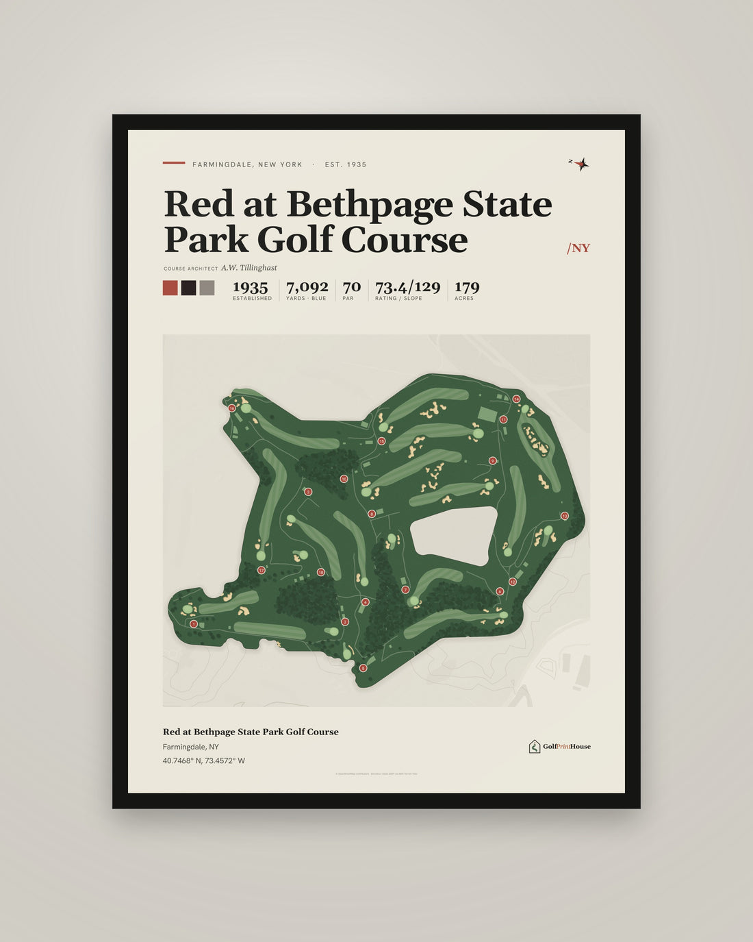 Red at Bethpage State Park Golf Course golf course print, framed, on a plain wall
