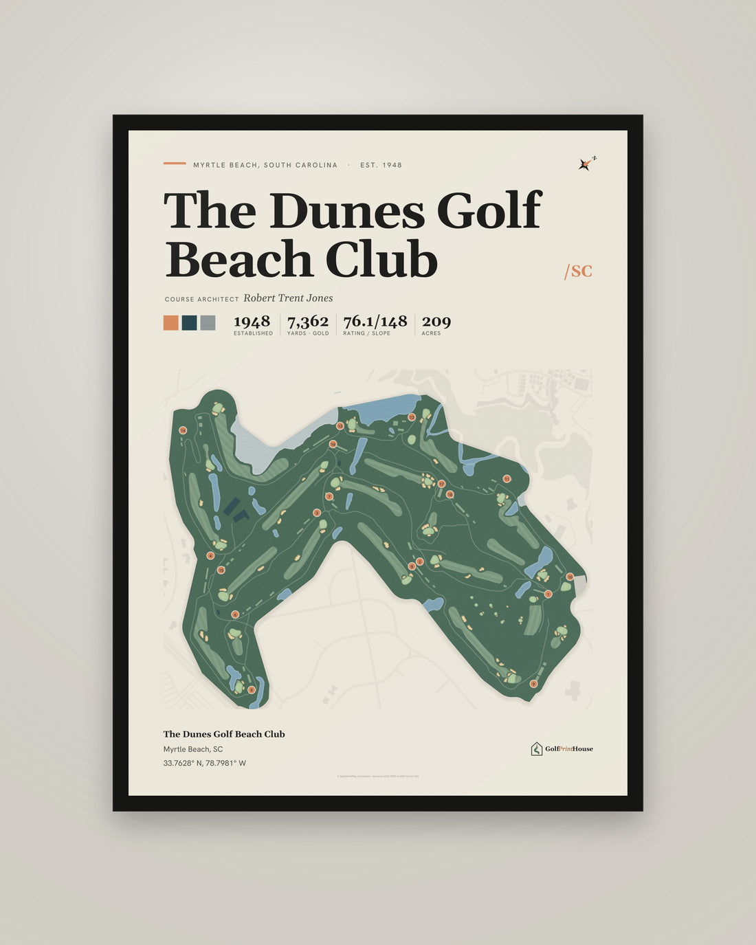 The Dunes Golf Beach Club golf course print, framed, on a plain wall