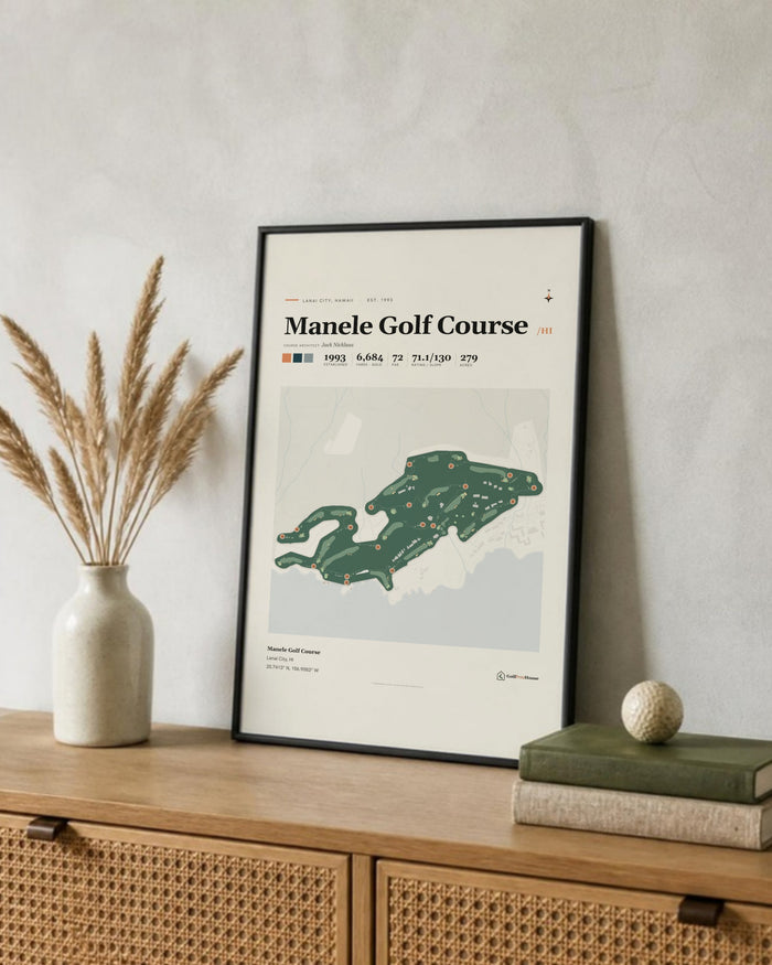 Manele Golf Course golf course print, leaning on a shelf