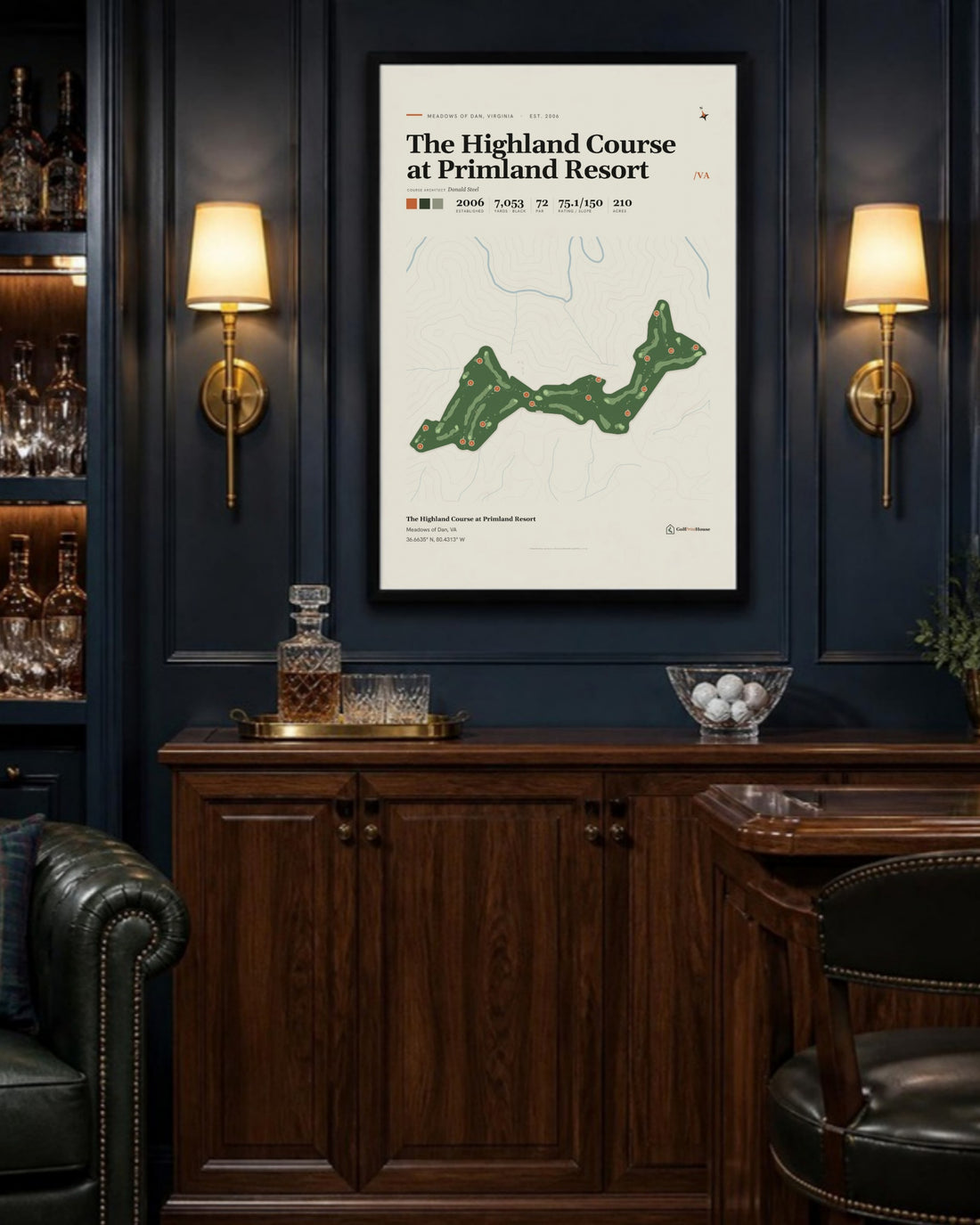 The Highland Course at Primland Resort golf course print, above a home bar