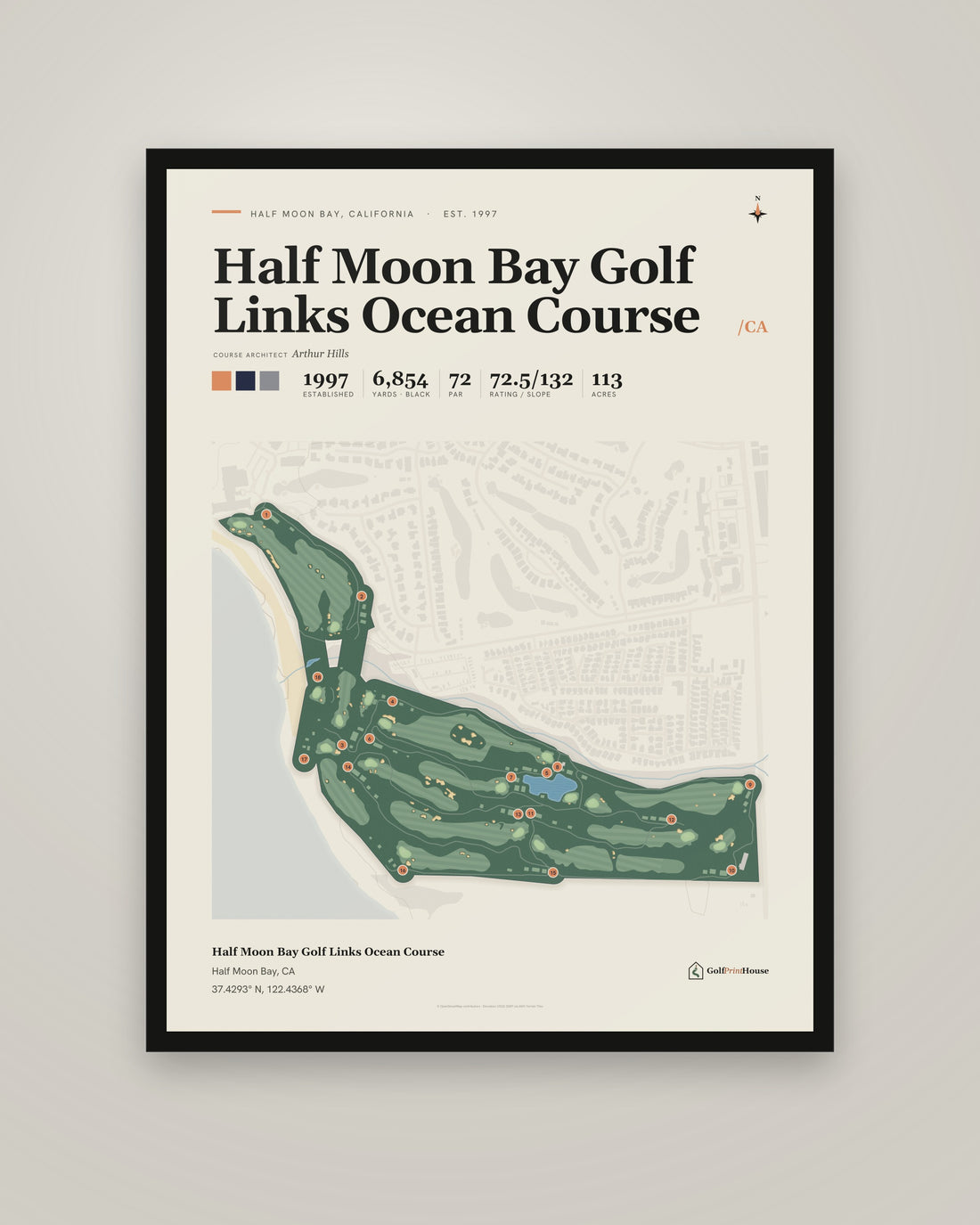 Half Moon Bay Golf Links Ocean Course golf course print, framed, on a plain wall
