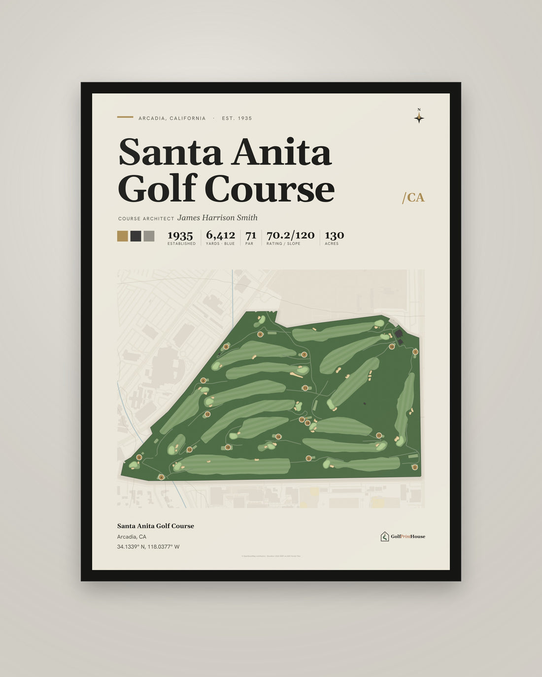 Santa Anita Golf Course golf course print, framed, on a plain wall