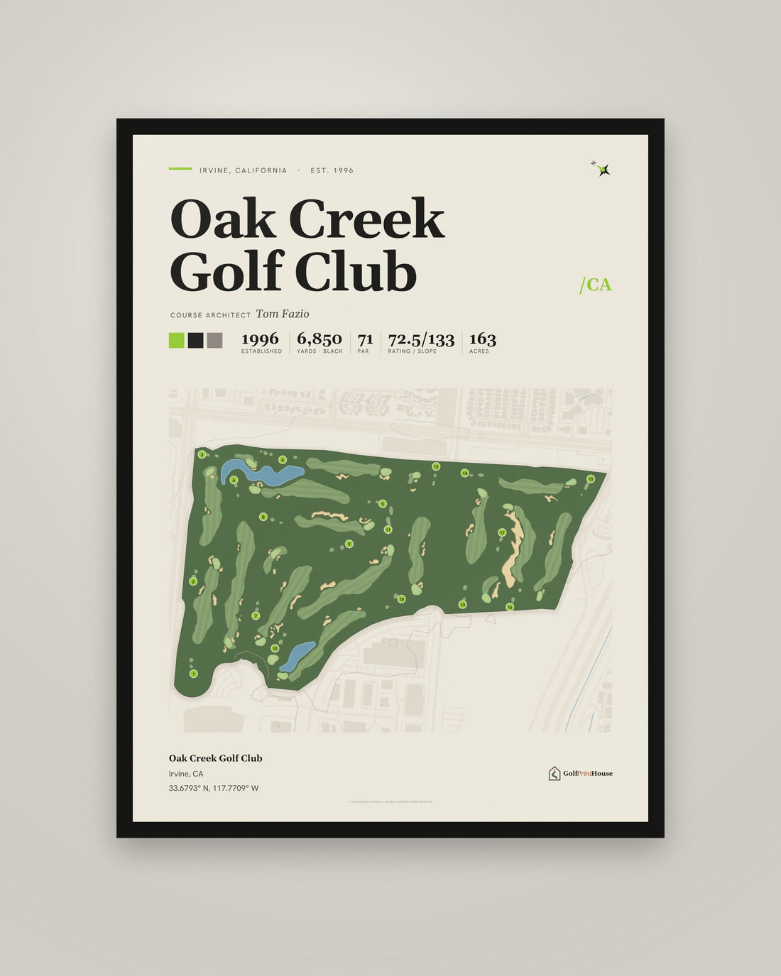 Oak Creek Golf Club golf course print, framed, on a plain wall