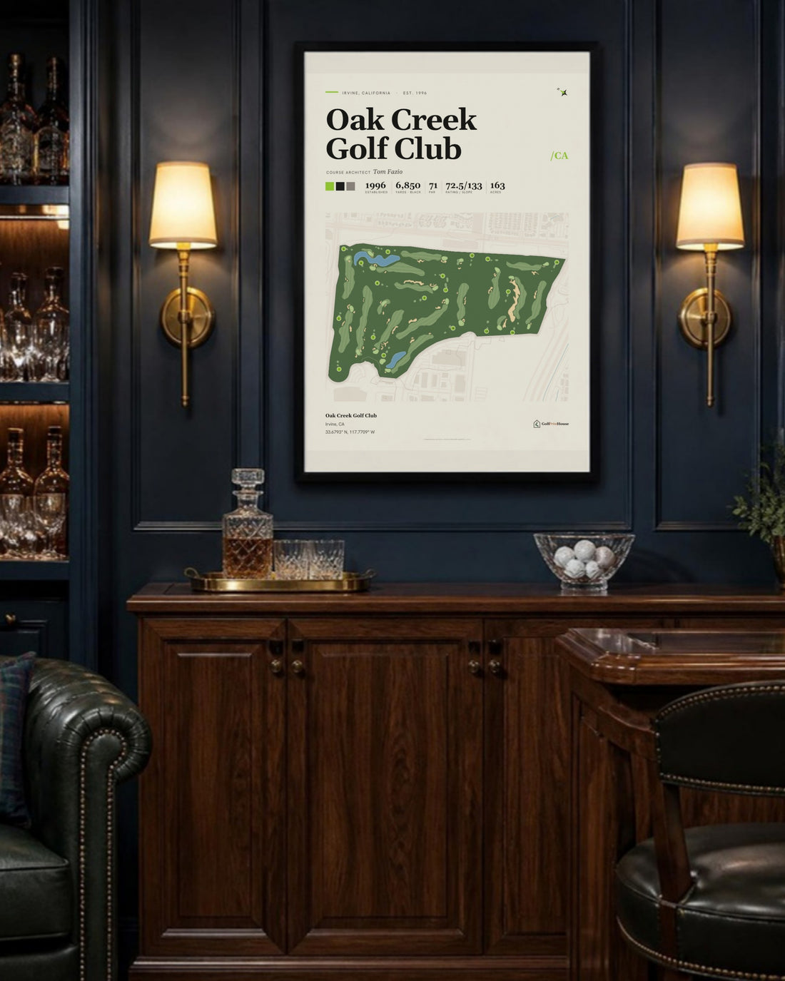 Oak Creek Golf Club golf course print, above a home bar