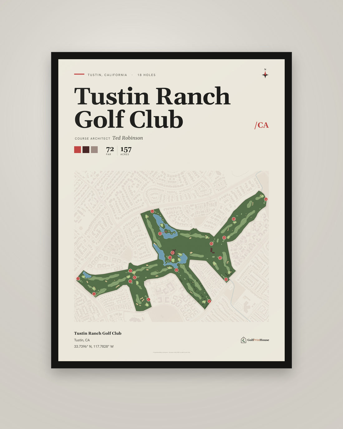 Tustin Ranch Golf Club golf course print, framed, on a plain wall