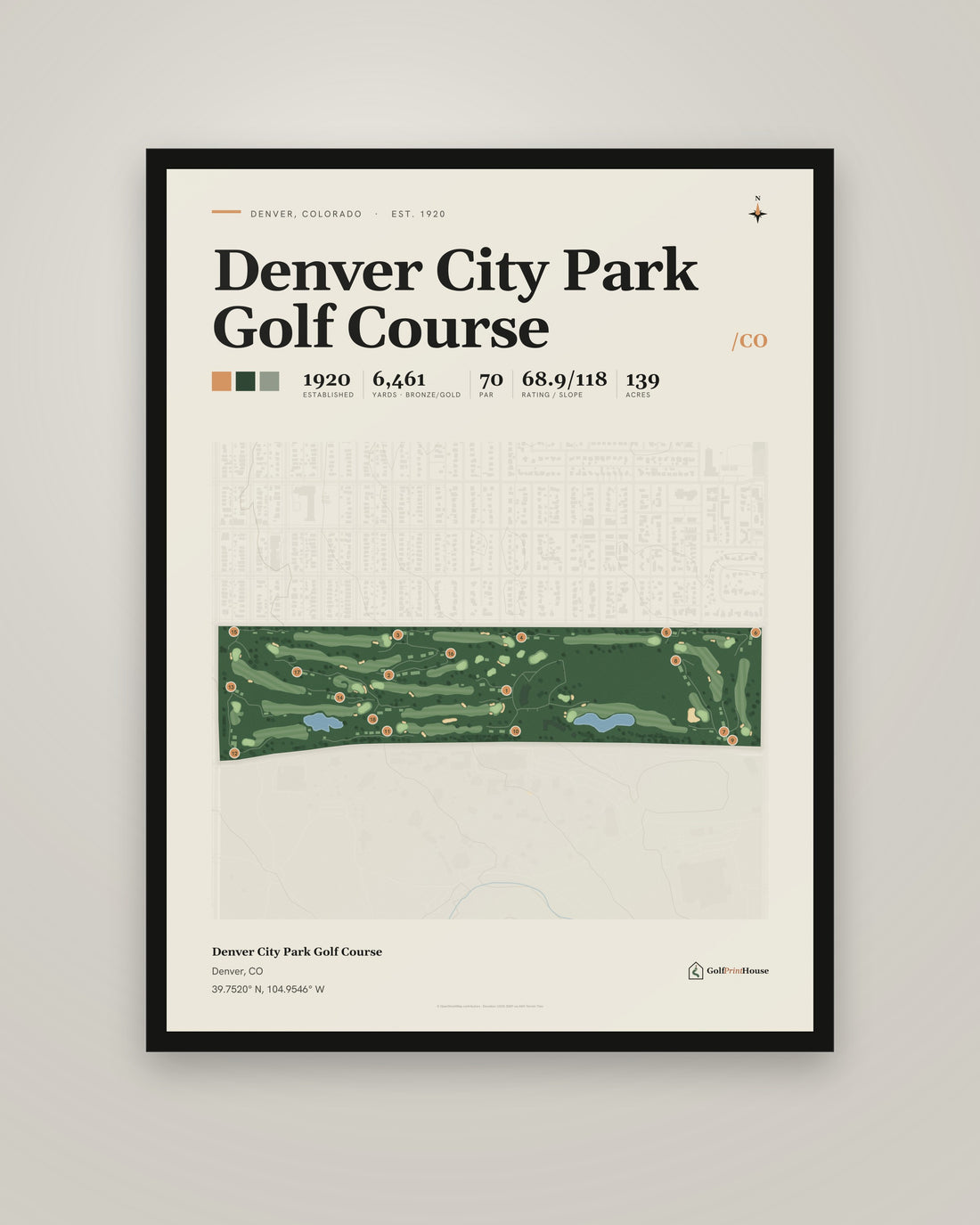 Denver City Park Golf Course golf course print, framed, on a plain wall
