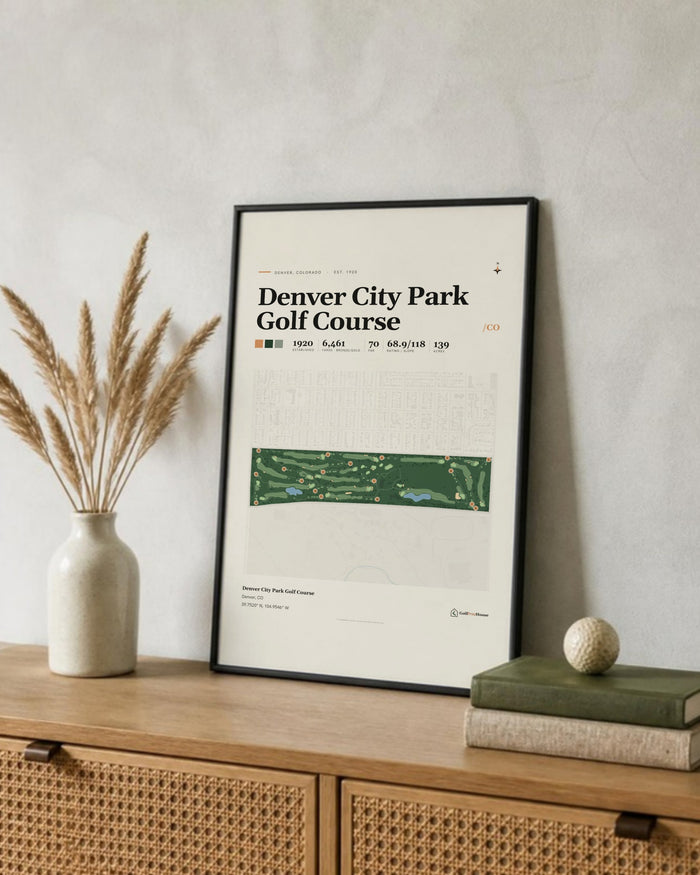 Denver City Park Golf Course golf course print, leaning on a shelf