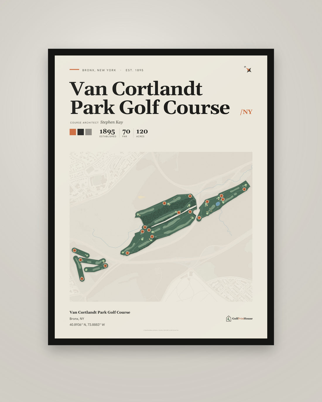 Van Cortlandt Park Golf Course golf course print, framed, on a plain wall