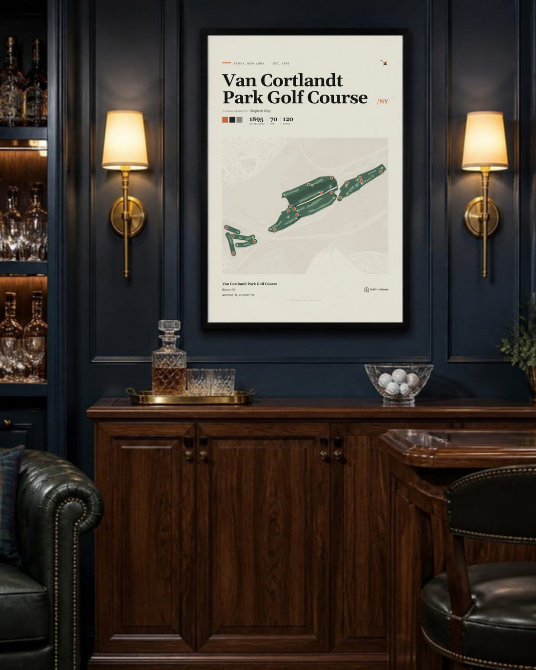 Van Cortlandt Park Golf Course golf course print, above a home bar