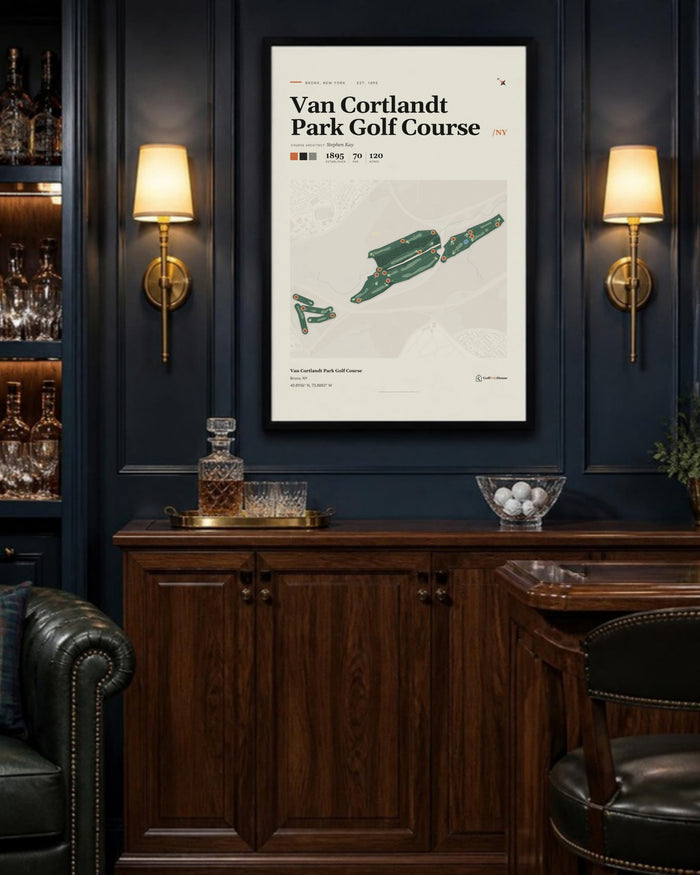 Van Cortlandt Park Golf Course golf course print, above a home bar