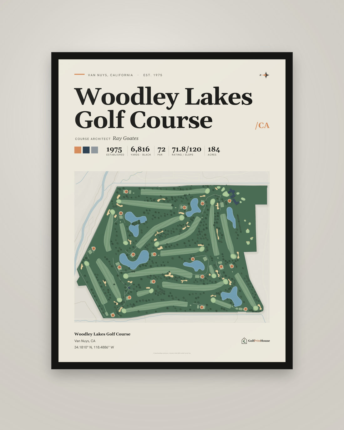 Woodley Lakes Golf Course golf course print, framed, on a plain wall