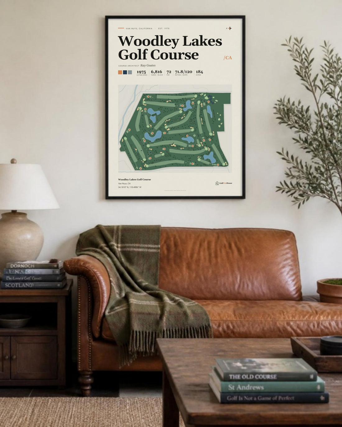 Woodley Lakes Golf Course golf course print, above a living room sofa