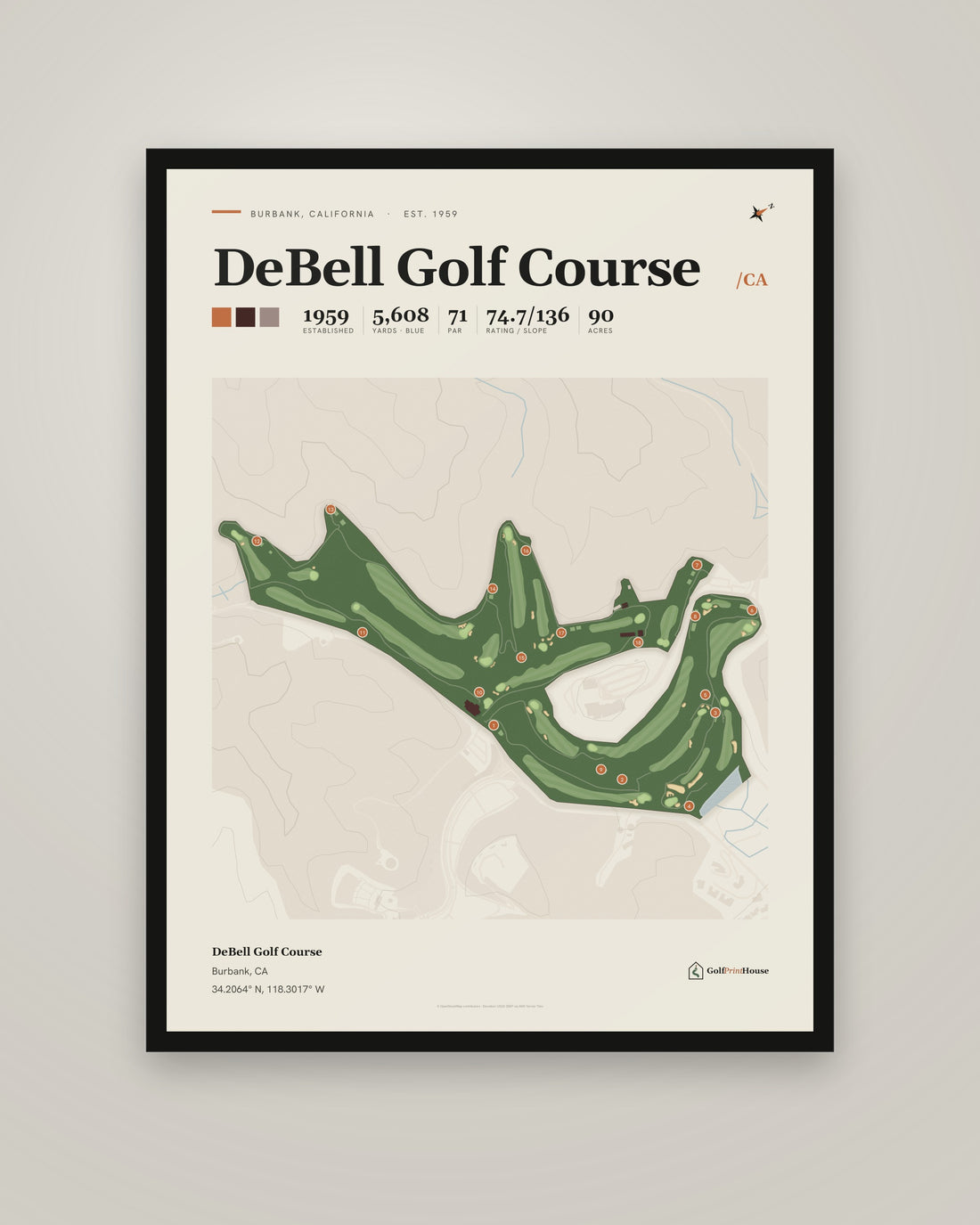 DeBell Golf Course golf course print, framed, on a plain wall
