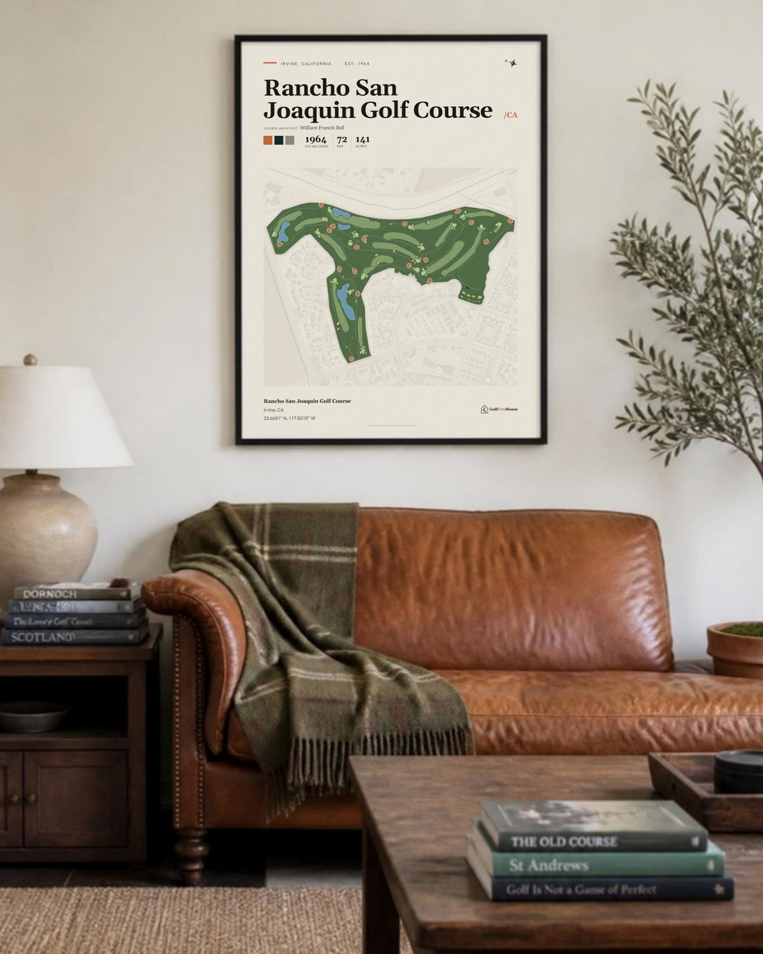 Rancho San Joaquin Golf Course golf course print, above a living room sofa