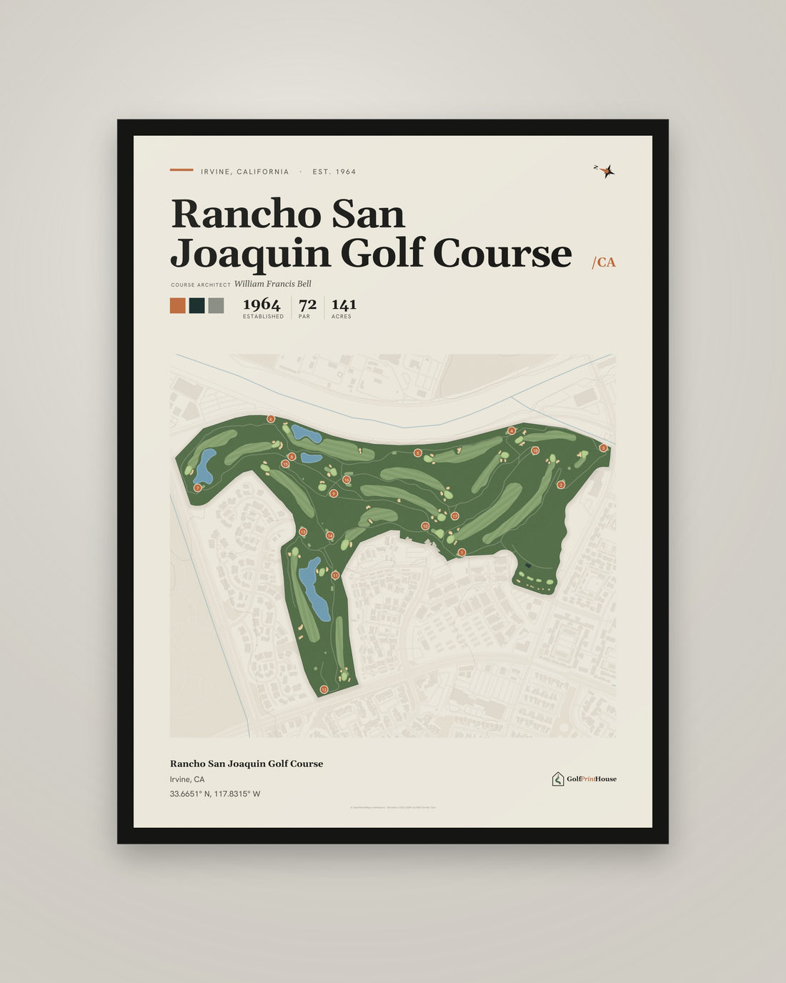 Rancho San Joaquin Golf Course golf course print, framed, on a plain wall