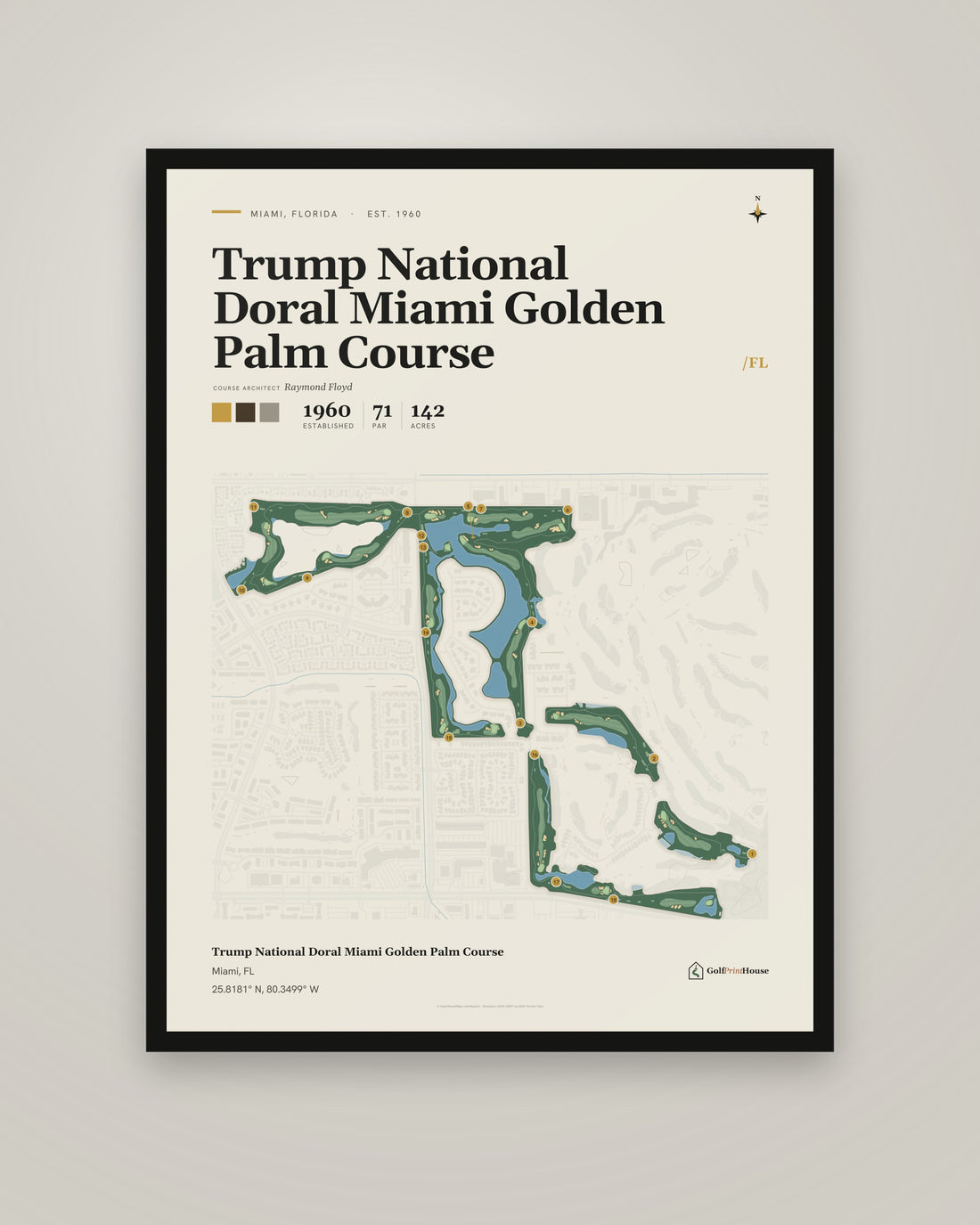 Trump National Doral Miami Golden Palm Course golf course print, framed, on a plain wall