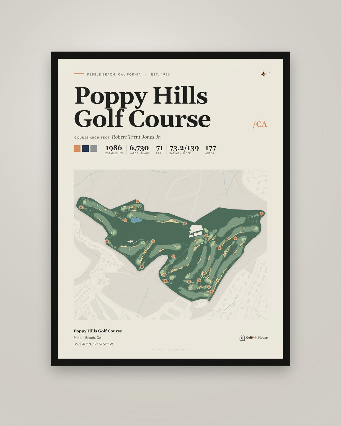Poppy Hills Golf Course golf course print, framed, on a plain wall