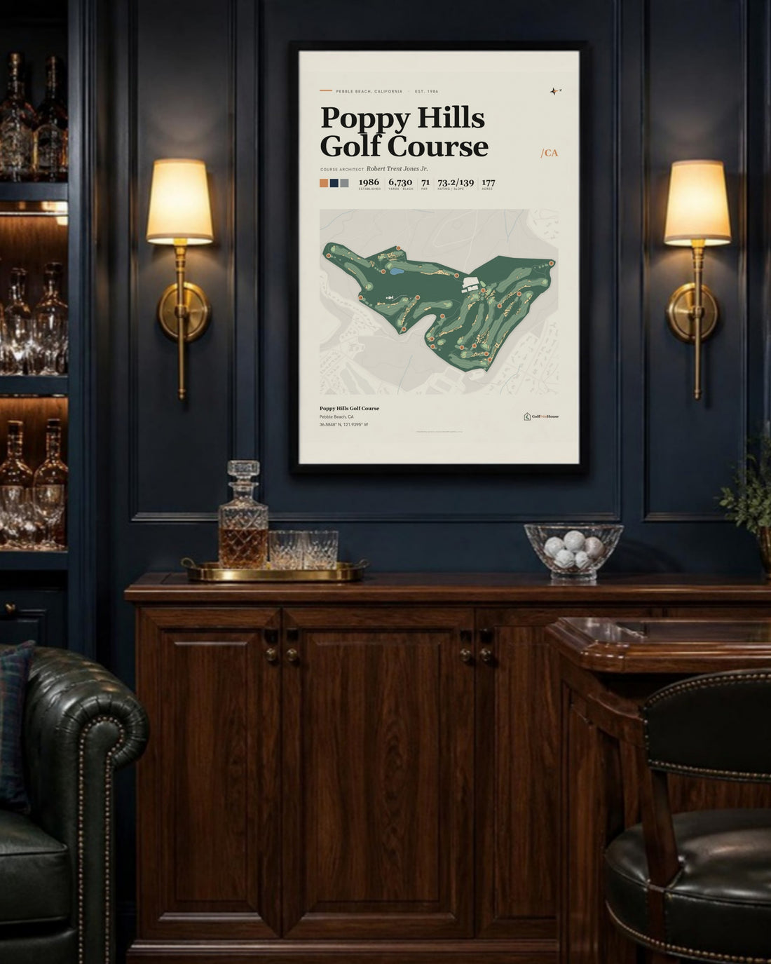 Poppy Hills Golf Course golf course print, above a home bar
