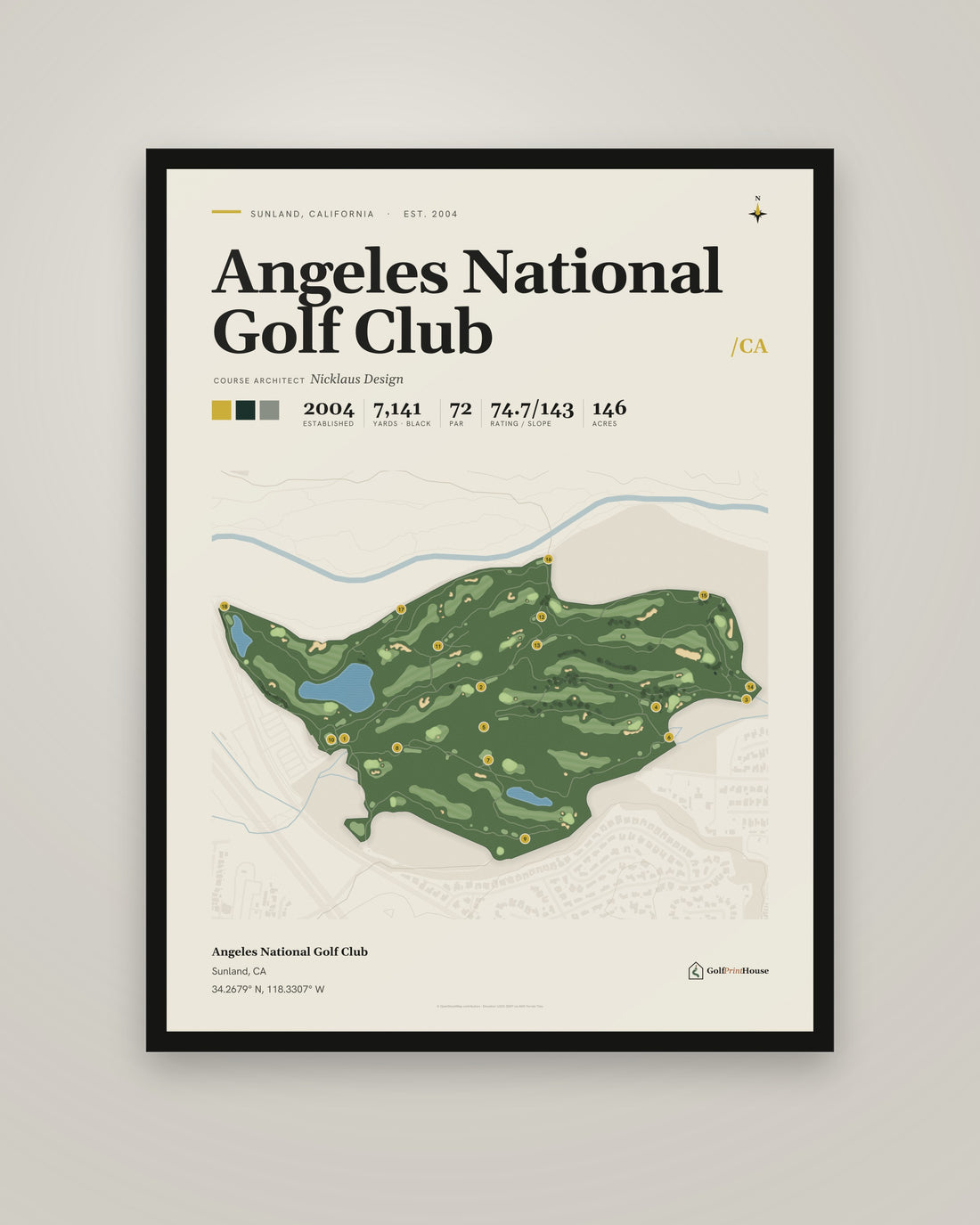 Angeles National Golf Club golf course print, framed, on a plain wall