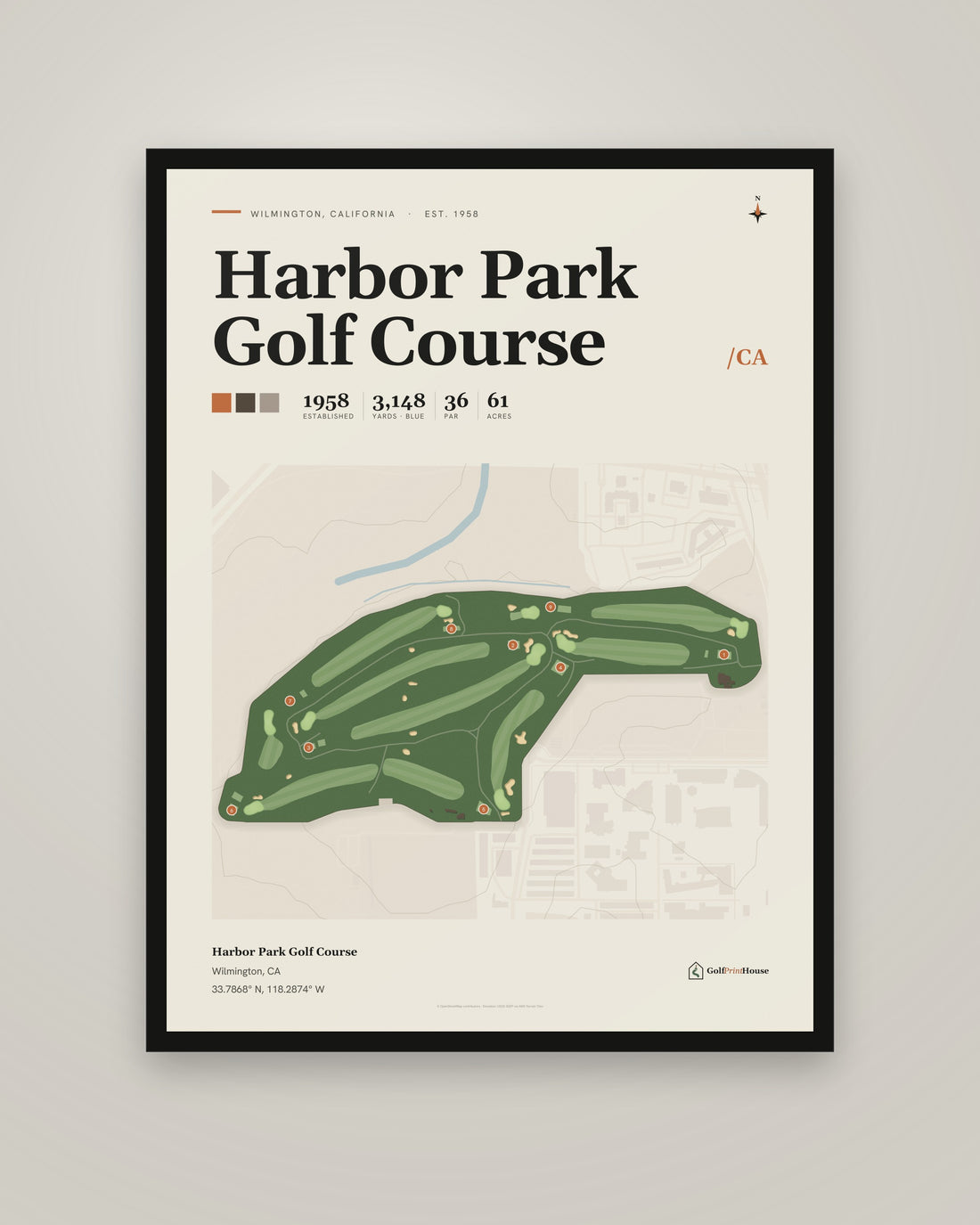 Harbor Park Golf Course golf course print, framed, on a plain wall