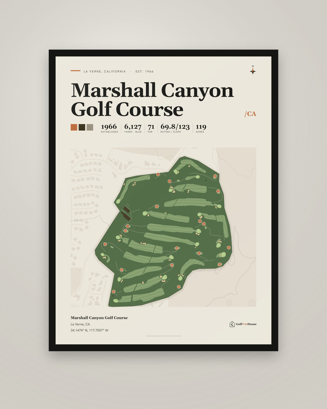 Marshall Canyon Golf Course golf course print, framed, on a plain wall