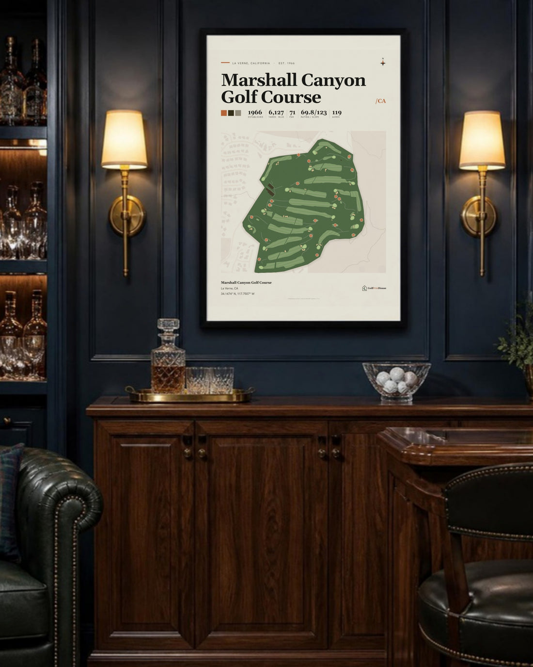 Marshall Canyon Golf Course golf course print, above a home bar