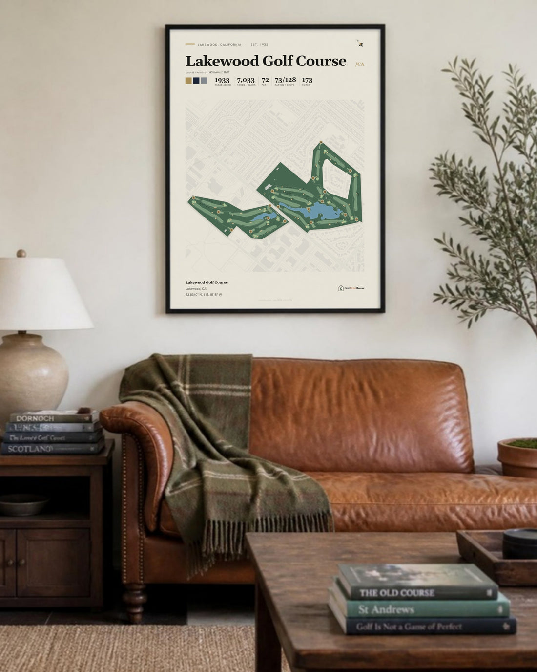 Lakewood Golf Course golf course print, above a living room sofa