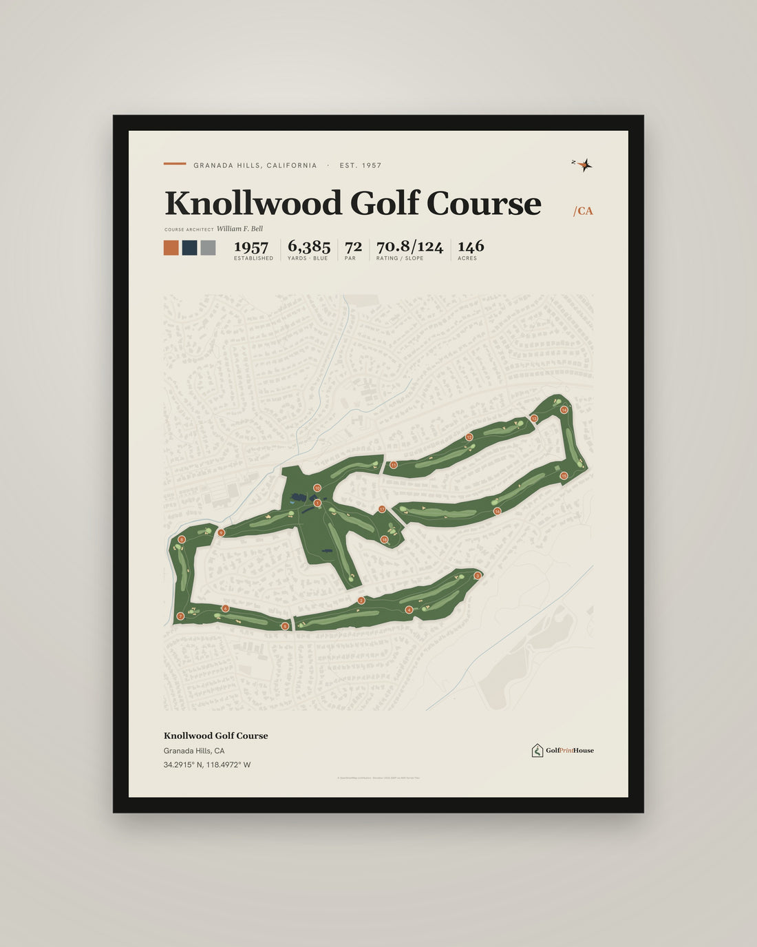 Knollwood Golf Course golf course print, framed, on a plain wall