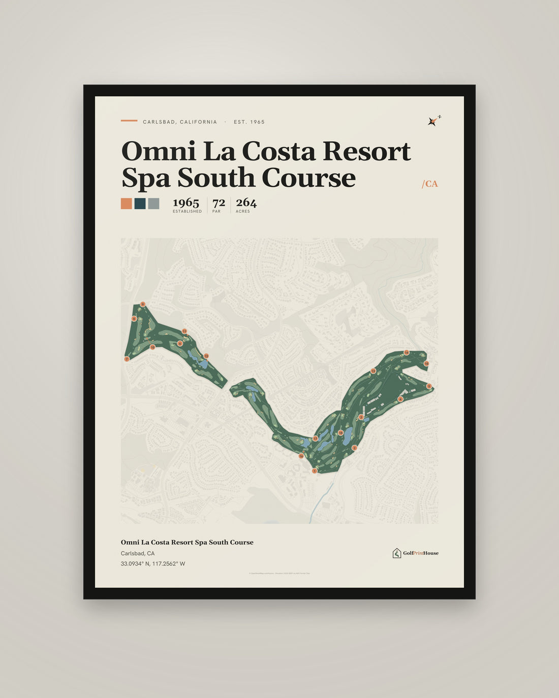 Omni La Costa Resort Spa South Course golf course print, framed, on a plain wall