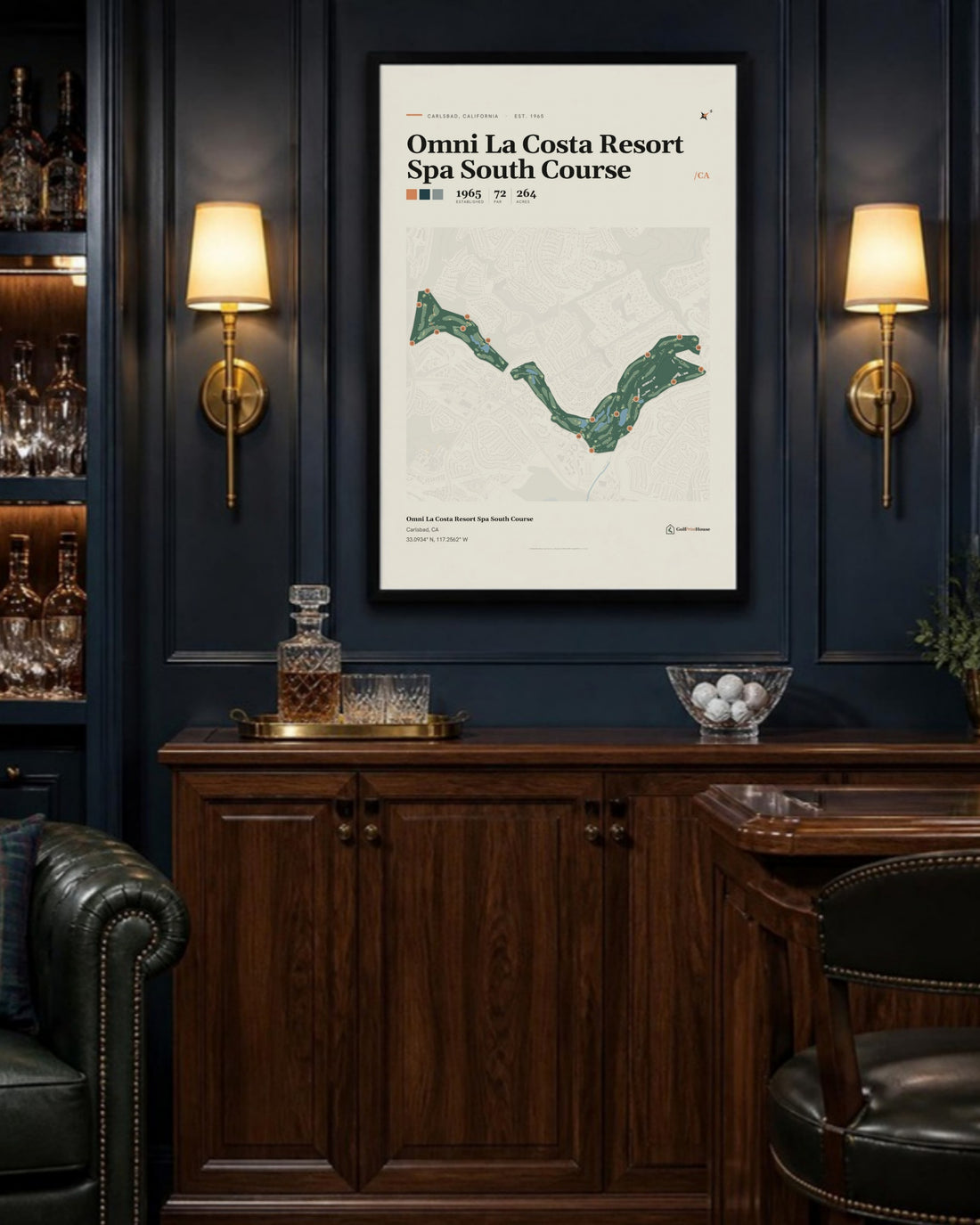 Omni La Costa Resort Spa South Course golf course print, above a home bar