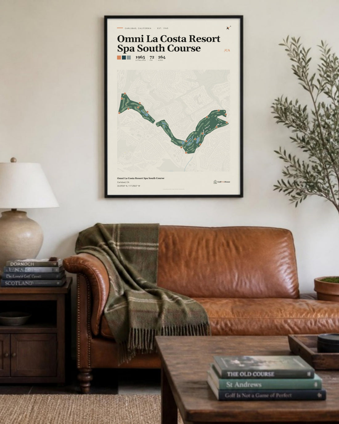 Omni La Costa Resort Spa South Course golf course print, above a living room sofa