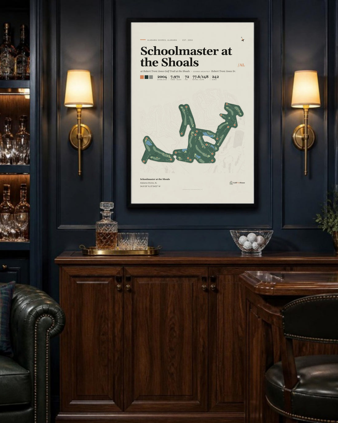 Schoolmaster at the Shoals golf course print, above a home bar