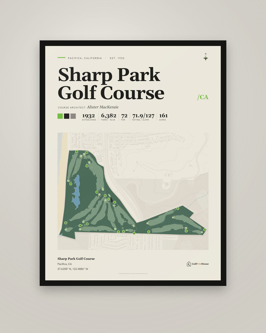 Sharp Park Golf Course golf course print, framed, on a plain wall