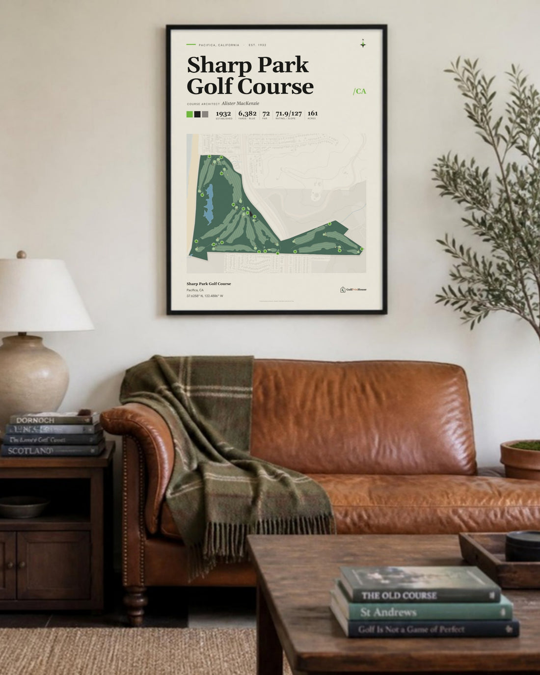 Sharp Park Golf Course golf course print, above a living room sofa