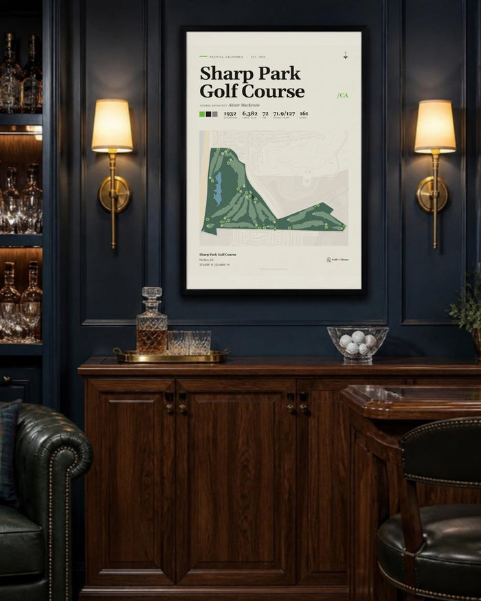 Sharp Park Golf Course golf course print, above a home bar