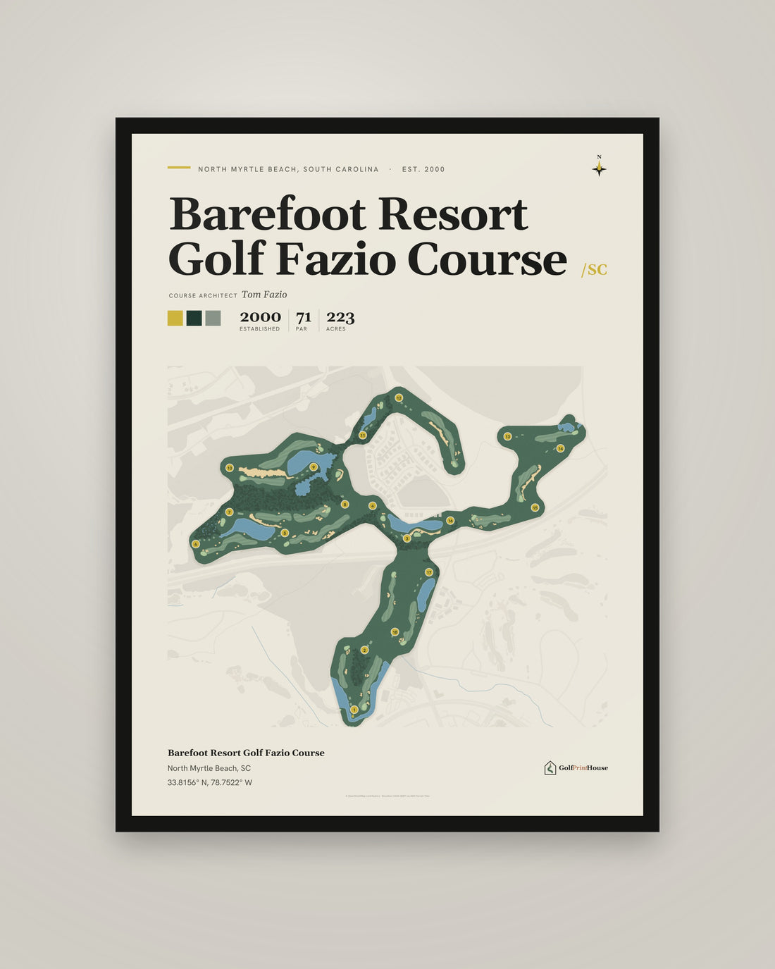 Barefoot Resort Golf Fazio Course golf course print, framed, on a plain wall