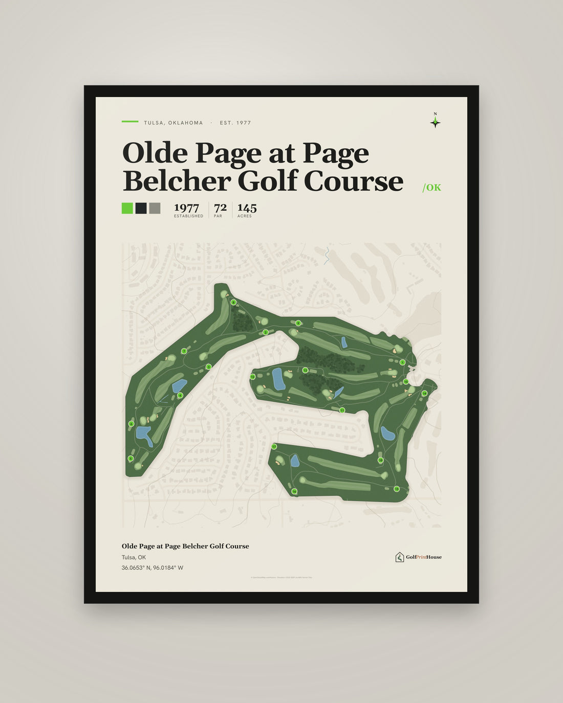 Olde Page at Page Belcher Golf Course golf course print, framed, on a plain wall
