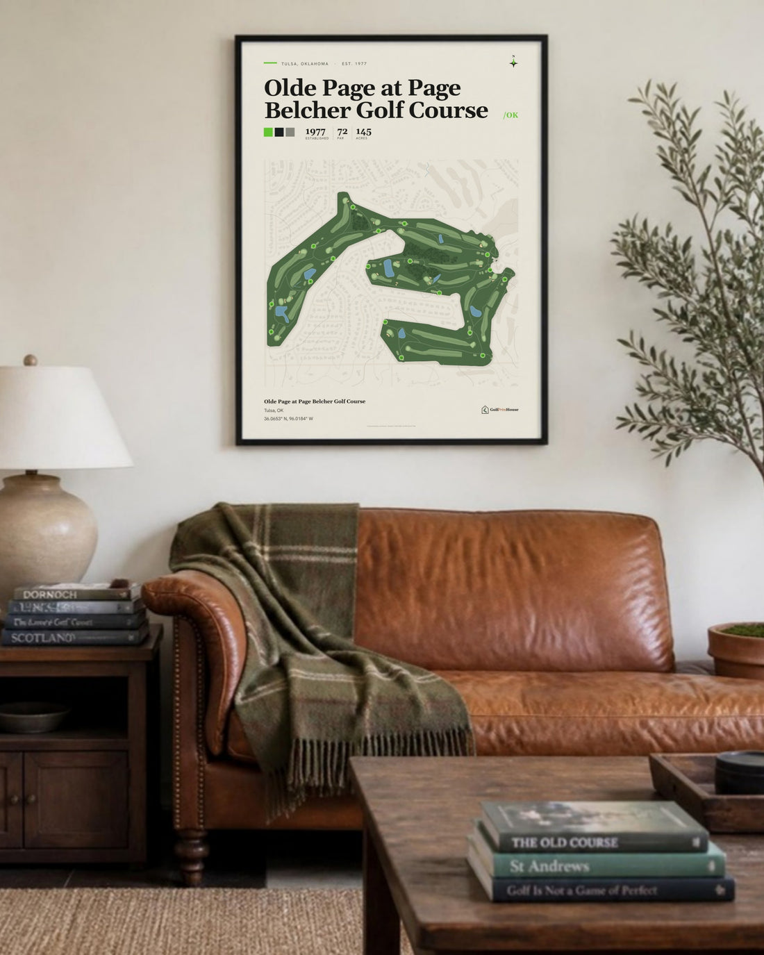 Olde Page at Page Belcher Golf Course golf course print, above a living room sofa