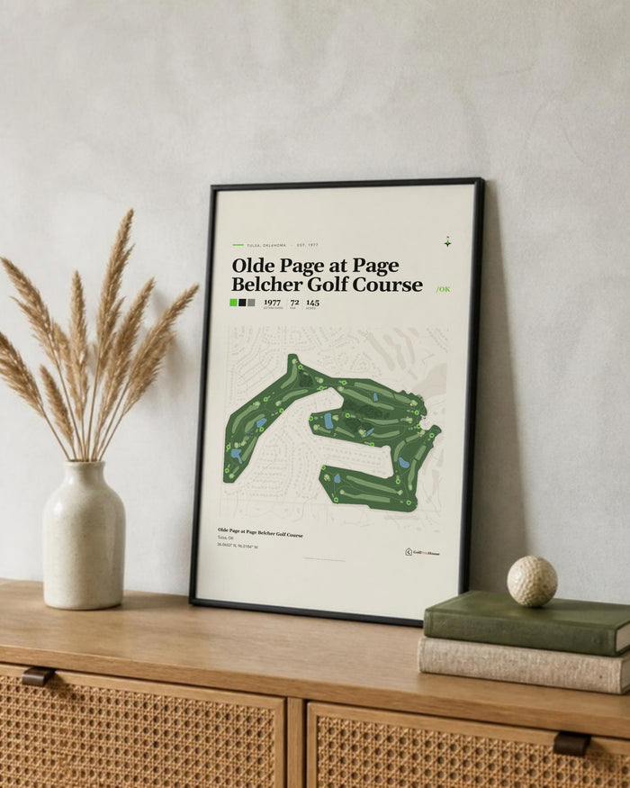 Olde Page at Page Belcher Golf Course golf course print, leaning on a shelf