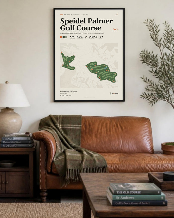 Speidel Palmer Golf Course golf course print, above a living room sofa