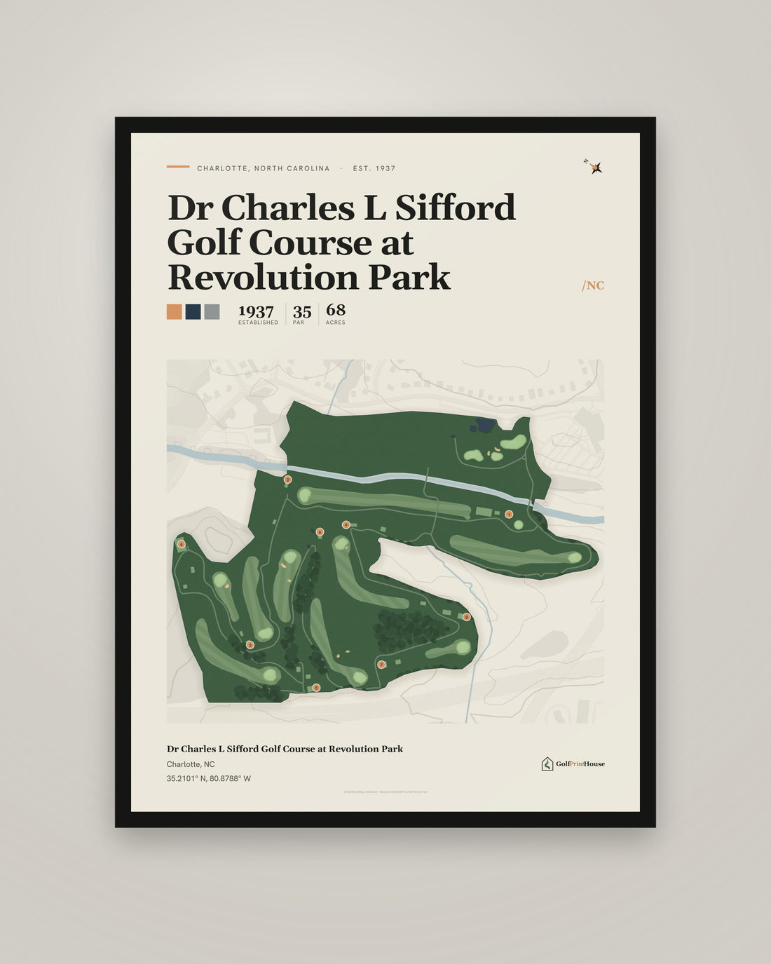 Dr Charles L Sifford Golf Course at Revolution Park golf course print, framed, on a plain wall