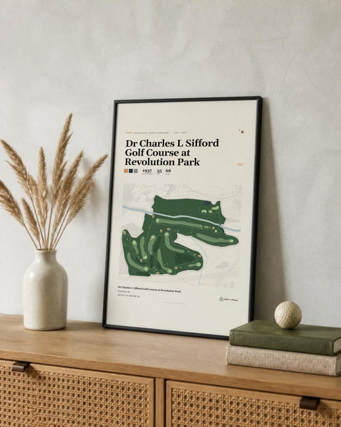 Dr Charles L Sifford Golf Course at Revolution Park golf course print, leaning on a shelf