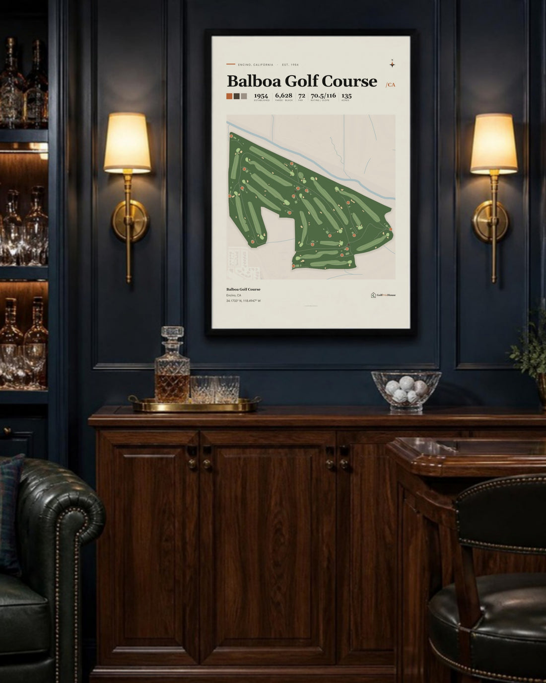 Balboa Golf Course golf course print, above a home bar