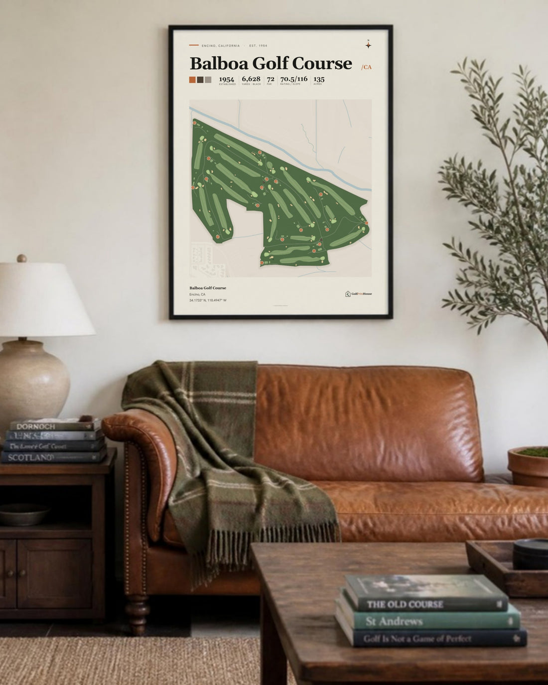 Balboa Golf Course golf course print, above a living room sofa