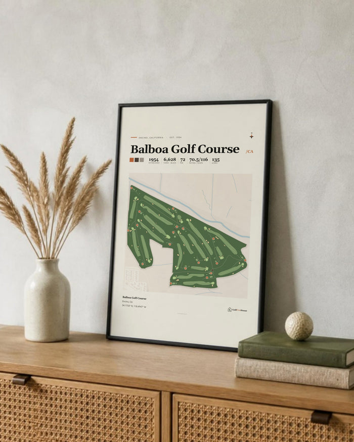 Balboa Golf Course golf course print, leaning on a shelf