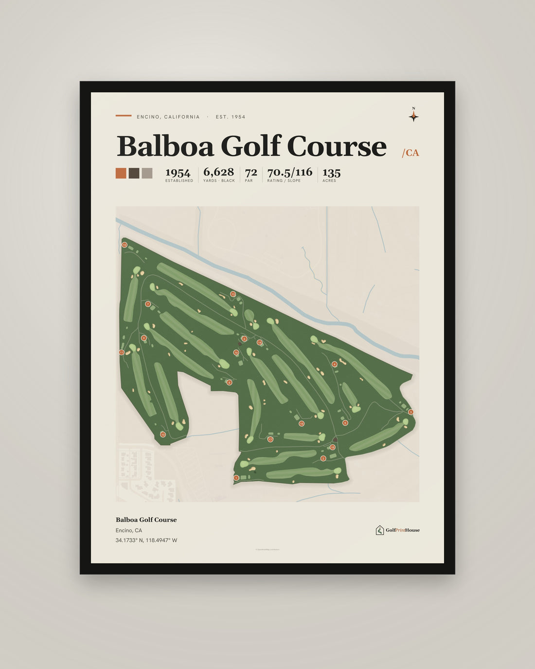 Balboa Golf Course golf course print, framed, on a plain wall