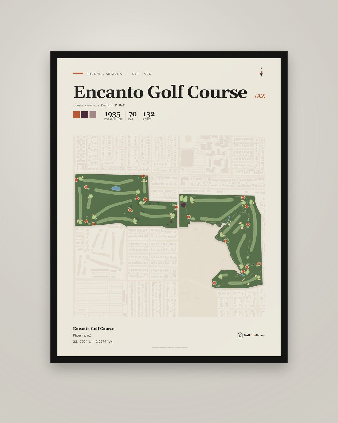 Encanto Golf Course golf course print, framed, on a plain wall