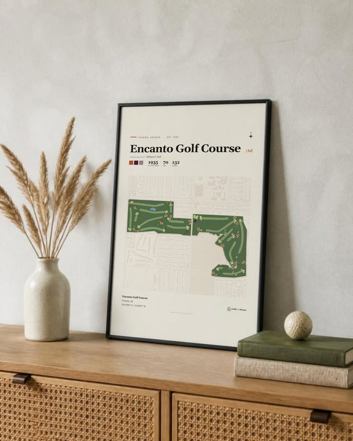 Encanto Golf Course golf course print, leaning on a shelf
