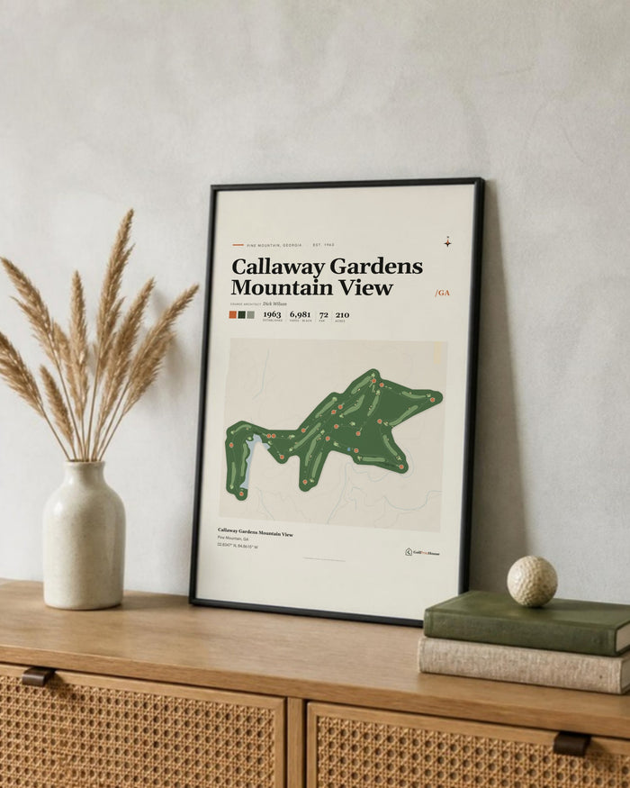Callaway Gardens Mountain View golf course print, leaning on a shelf