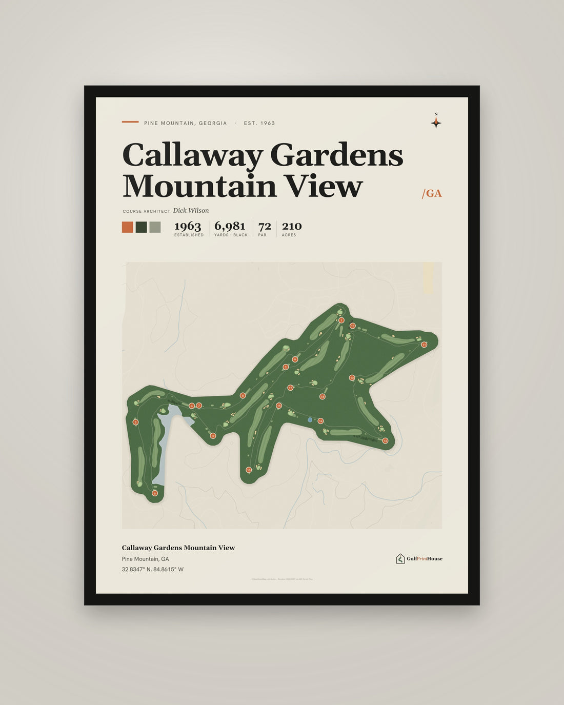 Callaway Gardens Mountain View golf course print, framed, on a plain wall